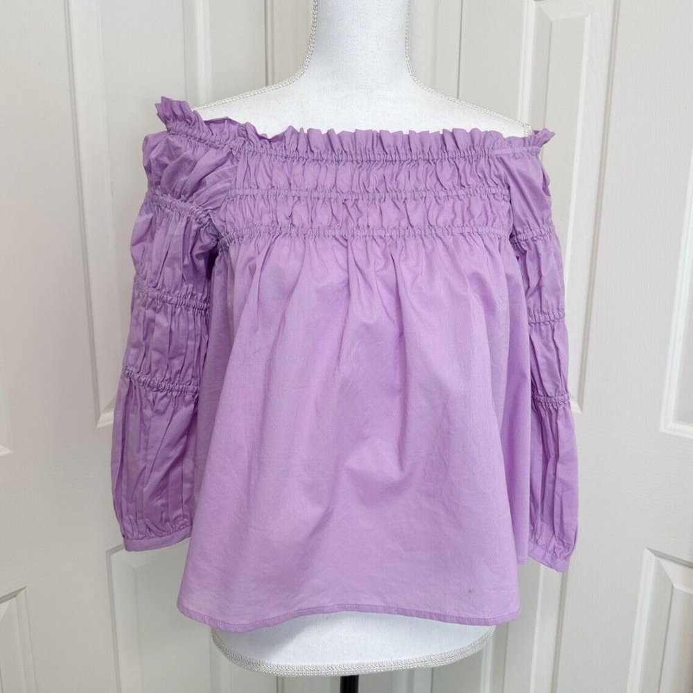 Vince Camuto Cotton Smocked Off The Shoulder Shirt Pullover Top Soft Iris XS - Picture 2 of 5